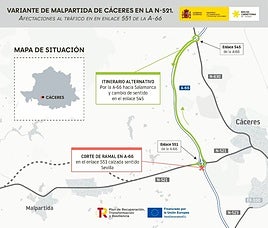 Corte previsto e itinerario alternativo.