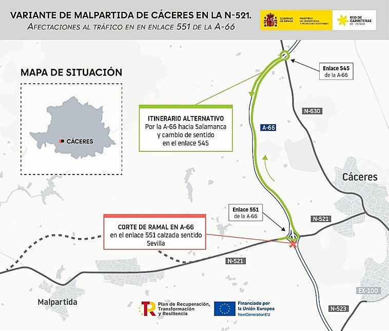 Corte de tráfico por la obra de la variante de Malpartida