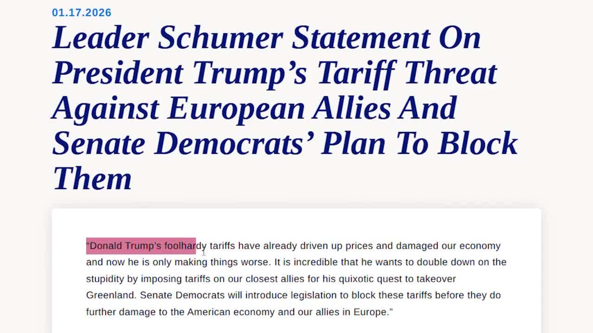 Los demócratas de EEUU tratarán de impedir los aranceles de Trump a los aliados de Groenlandia