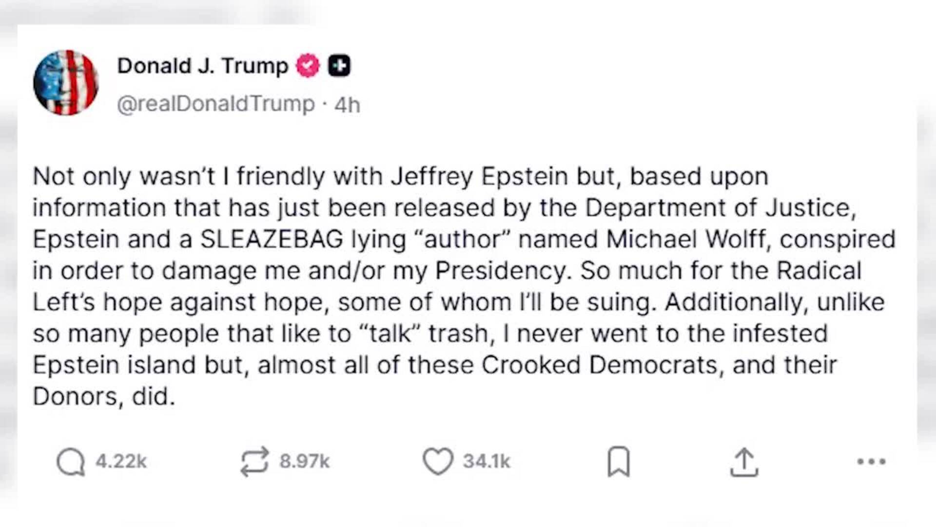 Trump subraya que no estuvo en la isla de Epstein y anticipa demandas contra la izquierda