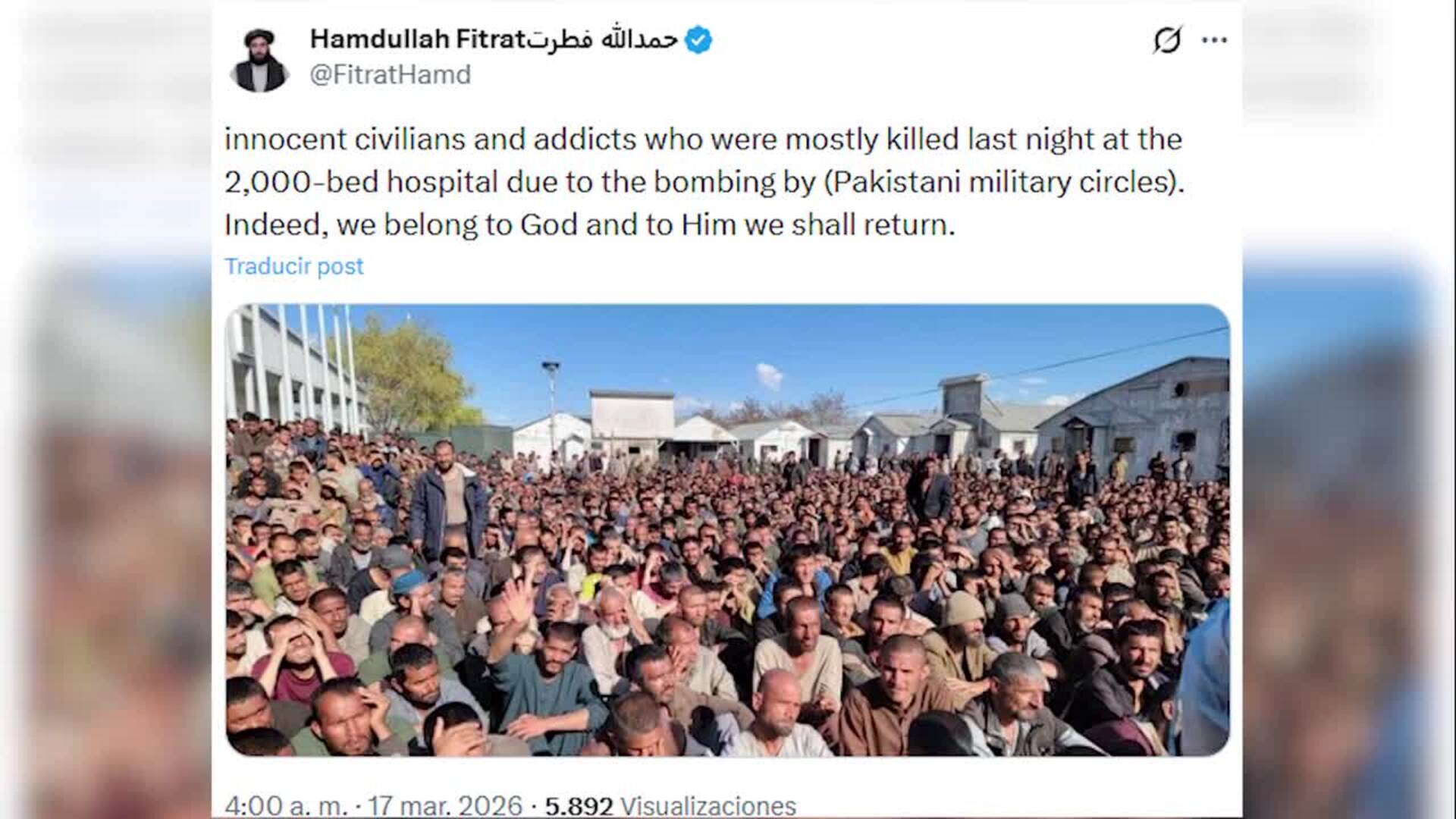 Al menos 400 muertos y 250 heridos en el bombardeo de Pakistán contra un hospital de Kabul