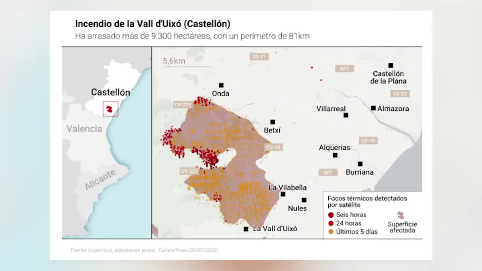 La situación de los fuegos activos en España es favorable aunque preocupa el de Castellón