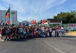 Concentración de trabajadores en la jornada de huelga ante las instalaciones de Ardo (grupo Monliz) en Villafranco del Guadiana.