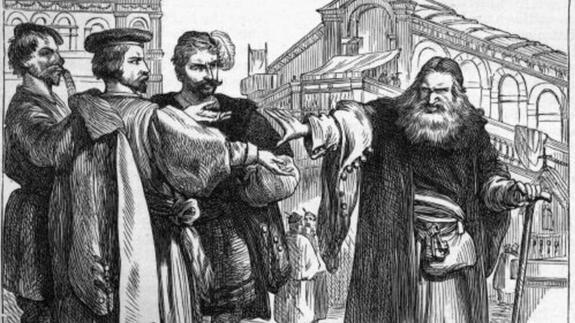 Ilustración de 'El Mercader de Venecia'. Shylock, es el personaje dubijado a la derecha 