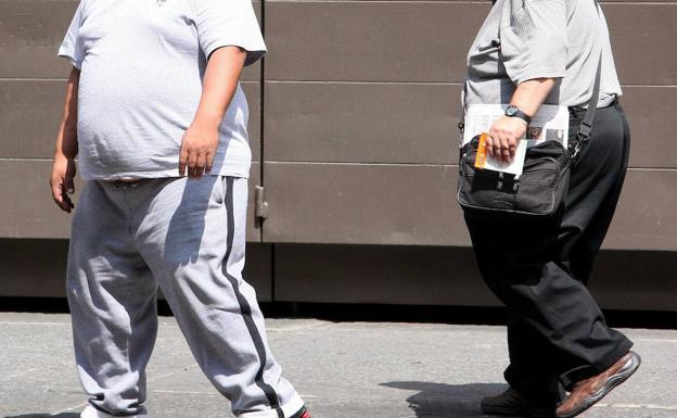 Dos personas obesas caminan por la calle.
