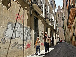 La fachada del Colegio Notarial de Extremadura, situada en la calle Camberos y a sólo unos pasos de la Plaza de Santiago, está llena de pintadas. / MARISA NÚNEZ