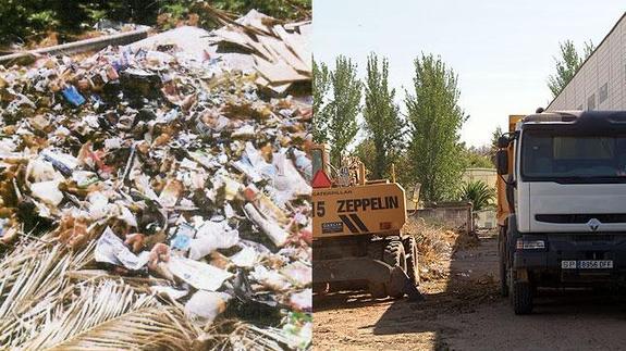 ANTES Y DESPUÉS. En la imagen de la izquierda, los residuos tirados por el Ayuntamiento. A la derecha. limpiando ayer la zona, colindante con la piscina y naves industriales. :: a.g.