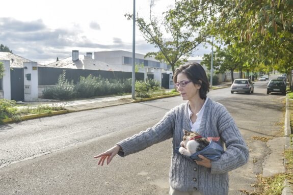 Elena Trancho sostiene el último gato atropellado en el entorno del colegio. :: j. v. arnelas