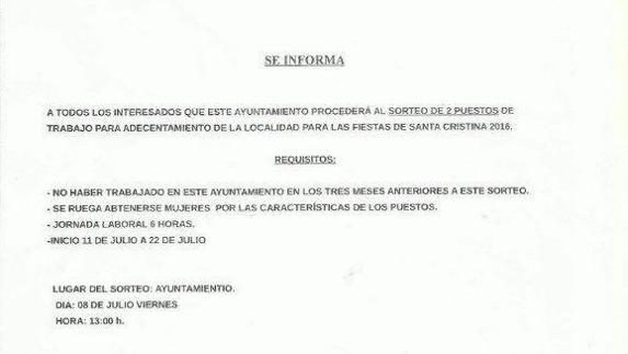 Convocatoria oficial del sorteo de dos puestos de trabajo solo para hombres en el Ayuntamiento de Cristina.