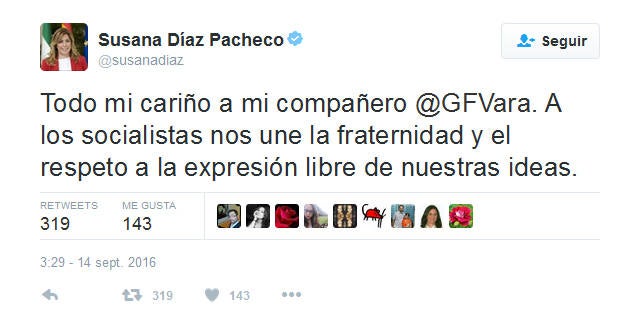 Comentario de apoyo a Vara realizado por Susana Díaz en Twitter.