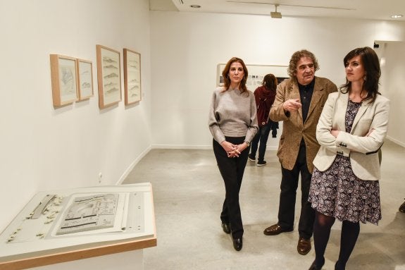 Justo García Rubio (en el centro), en la inauguración de ayer en el Meiac sobre su obra. :: J. V. Arnelas