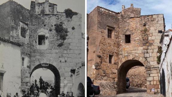 El Arco del Cristo en el verano de 1912 y ahora, por el pasan coches / S.E. | JORGE REY