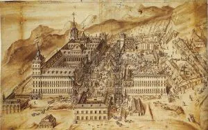Grabado de Rodrigo de Holanda realizado en 1576 que recoge un momento de las obras de construcción de El Escorial. / COLPISA