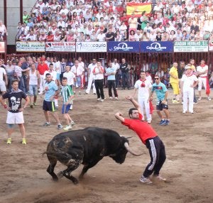 Un joven recorta al toro 'Panero' en la plaza. ::                             KARPINT