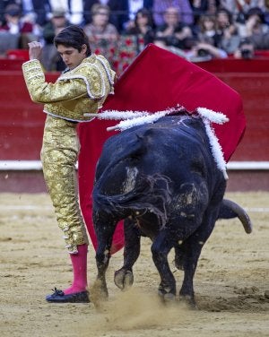 El francés Sebastián Castella durante su faena con la muleta a 'Ruidoso', al que cortó una oreja. ::                             EFE