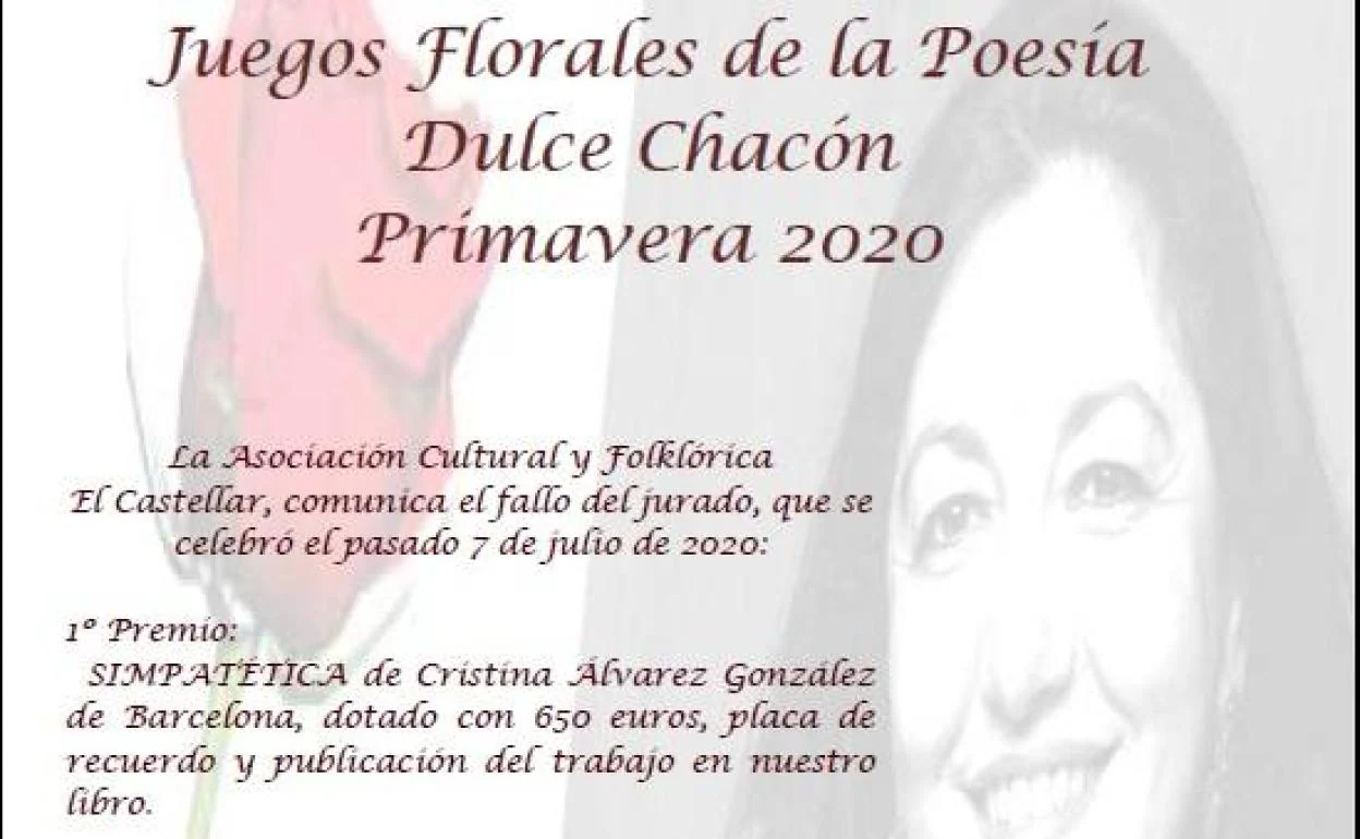 Cristina Álvarez González se hace con el primer premio de los Juegos Florales Dulce Chacón – Primavera 2020 con 'Simpatética'