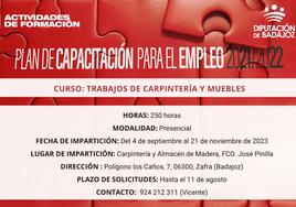 Abierto el plazo de presentación de solicitudes para la acción formativa 'Trabajos de carpintería y muebles' en Zafra