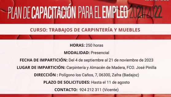 Abierto el plazo de presentación de solicitudes para la acción formativa 'Trabajos de carpintería y muebles' en Zafra