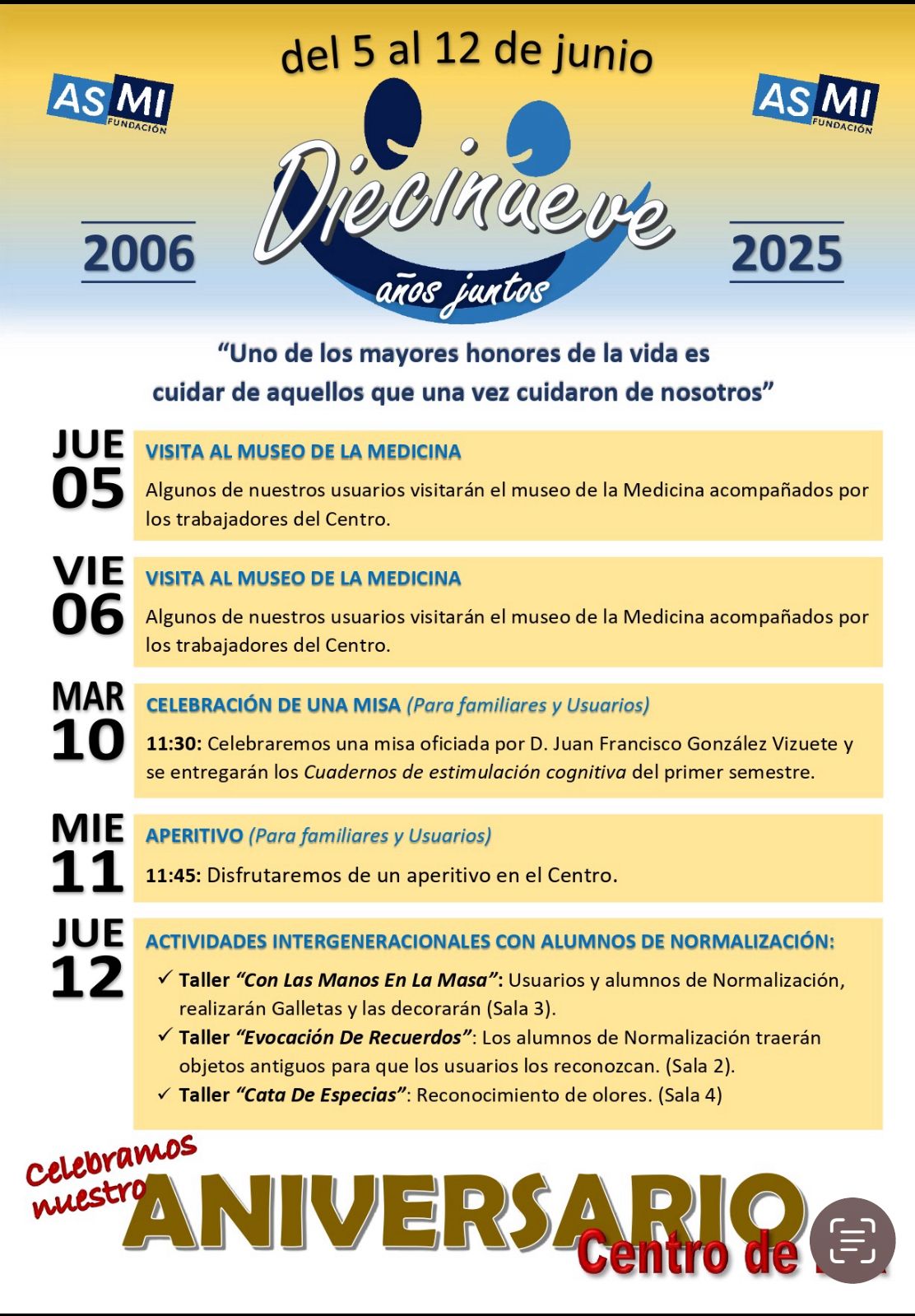 Fundación Asmi celebra sus 19 años con un programa de actividades