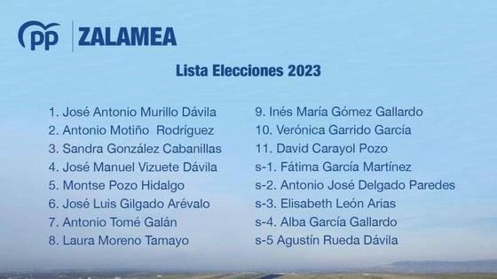 Lista con la que el PP de Zalamea se presenta a las elecciones