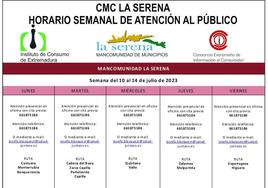 Horario semanal de Atención al público de CMC La Serena