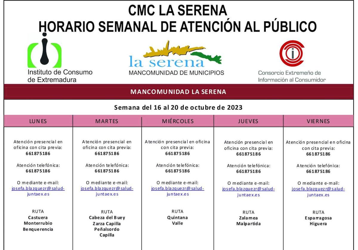 Horario semanal de Atención al público de CMC La Serena