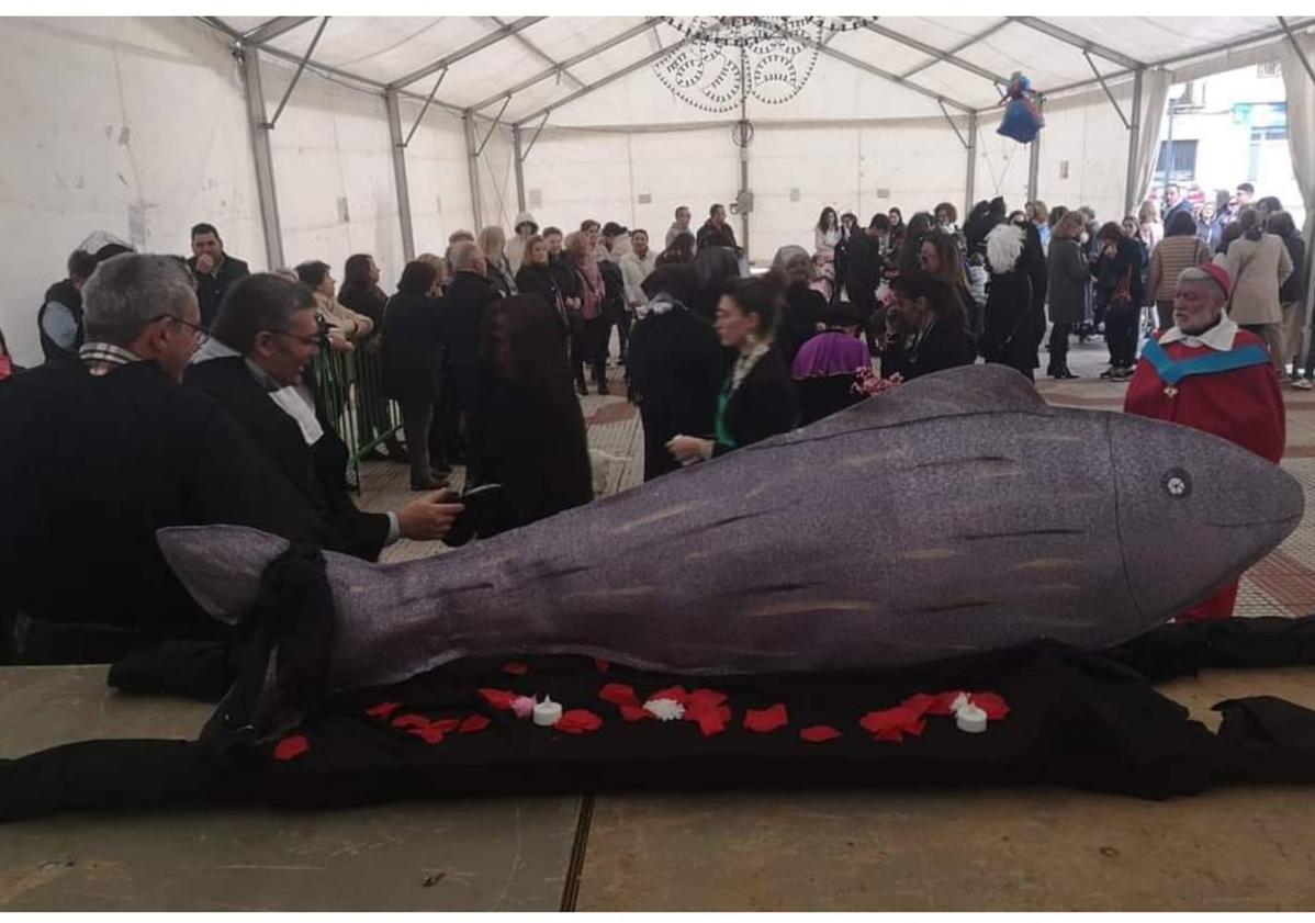 Imagen principal - Llegada de la sardina a la carpa municipal.