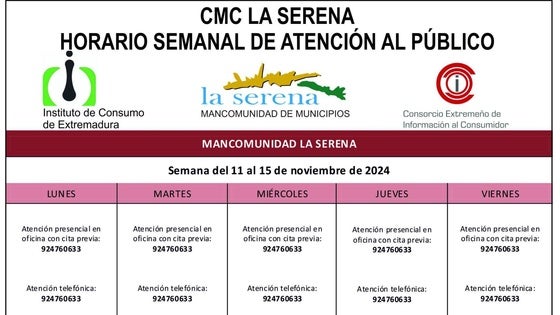 Horario semanal de Atención al público de CMC La Serena