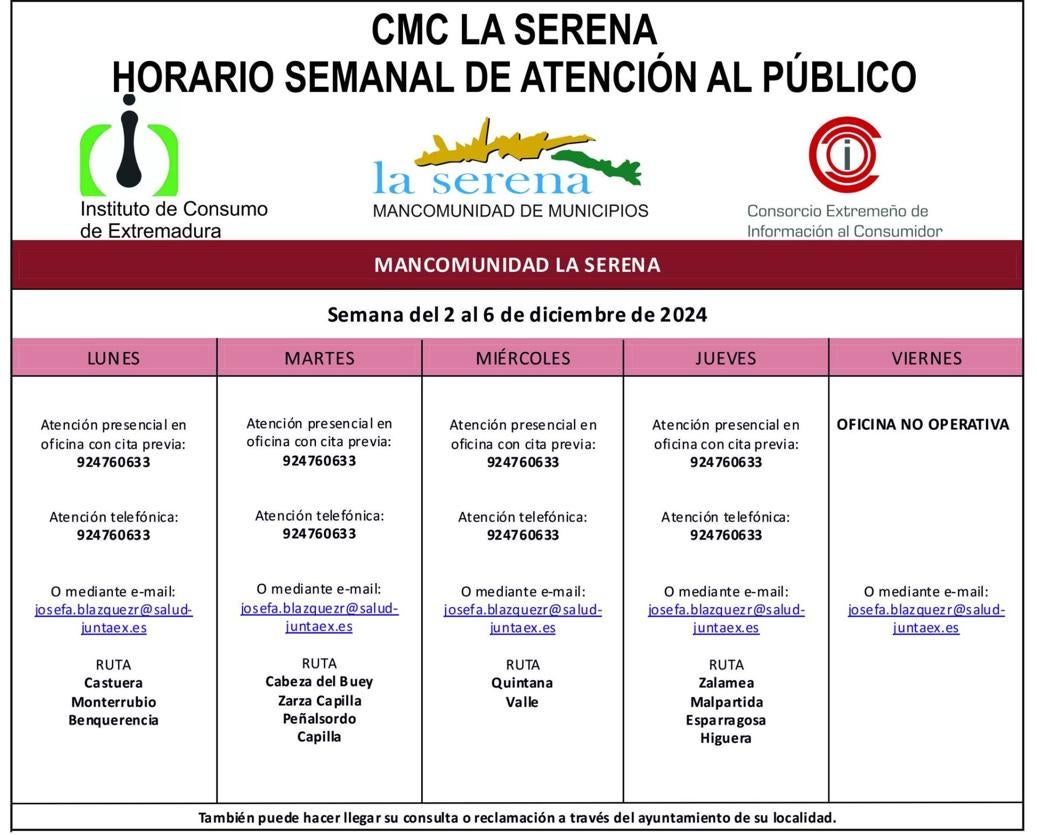 Horario semanal de Atención al público de CMC La Serena