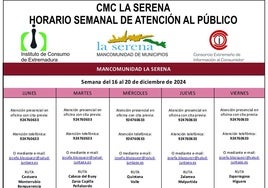 Horario semanal de Atención al público de CMC La Serena