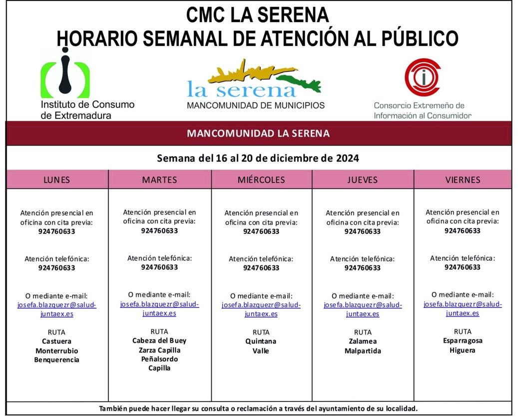 Horario semanal de Atención al público de CMC La Serena