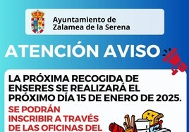 El 15 de enero se llevará a cabo la recogida de enseres