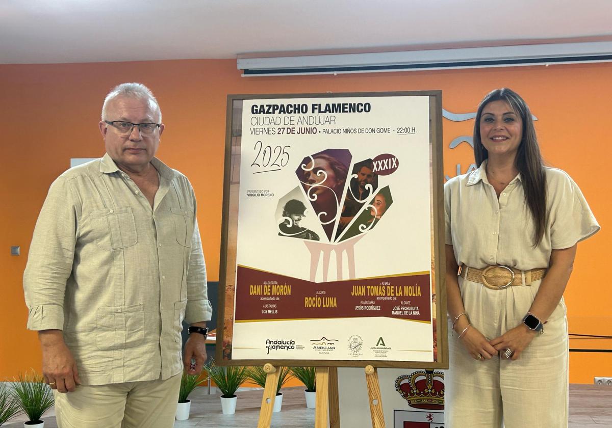 Antonio Gómez y Azucena Cepedello junto al cartel.