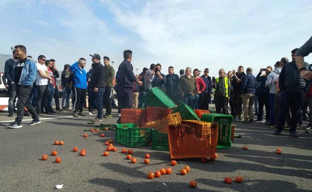 El Ejido | La protesta llega a la autovía A7 y los agricultores regalan fruta y verdura a los conductores