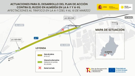 Cortes de tráfico desde este lunes en la A-7 en El Ejido por las obras para reducir el ruido