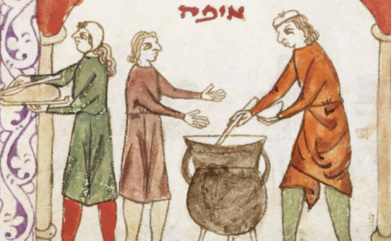 Comida judía, ilustración de la Hagadá Hispano-morisca (siglo XIII). 