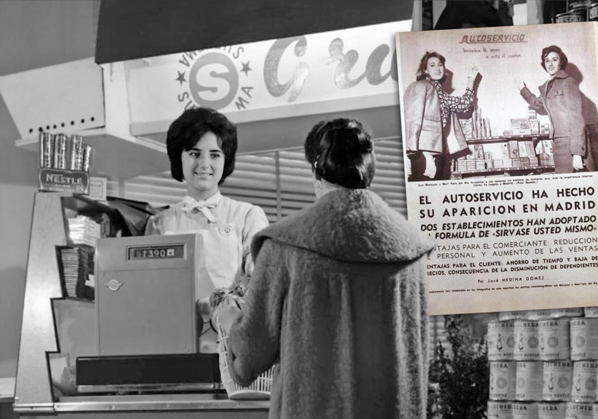 Una mujer paga en la caja del supermercado Superma de Madrid en 1960.