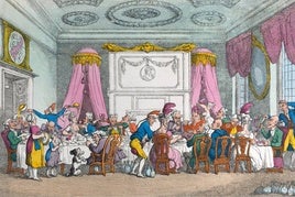 Una mesa redonda o 'table d'hôte' en París, dibujo de Thomas Rowlandson (1810).