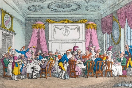 Una mesa redonda o 'table d'hôte' en París, dibujo de Thomas Rowlandson (1810).
