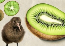 Ejemplar de kiwi, ave endémica de Nueva Zelanda, y frutos del mismo nombre.