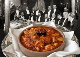 Plato de callos del restaurante Lhardy (Madrid) y banquete de 1910 en el mismo establecimiento.