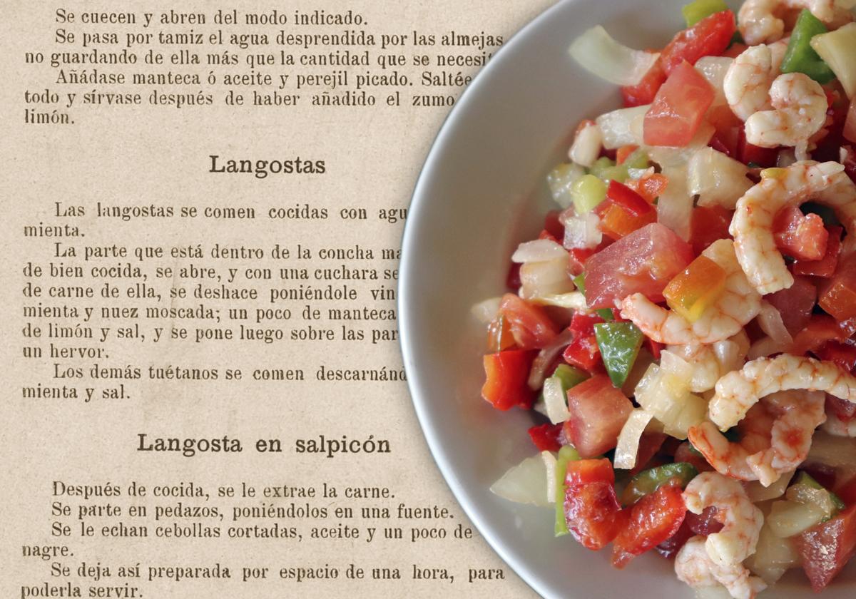 Plato de salpicón de marisco y receta de langosta en salpicón en 'El cocinero universal' (1894).