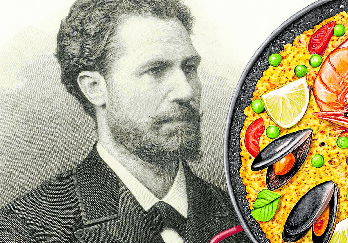 Ilustración de paella y retrato de Julián Gayarre en 1880. Biblioteca nacional de españa