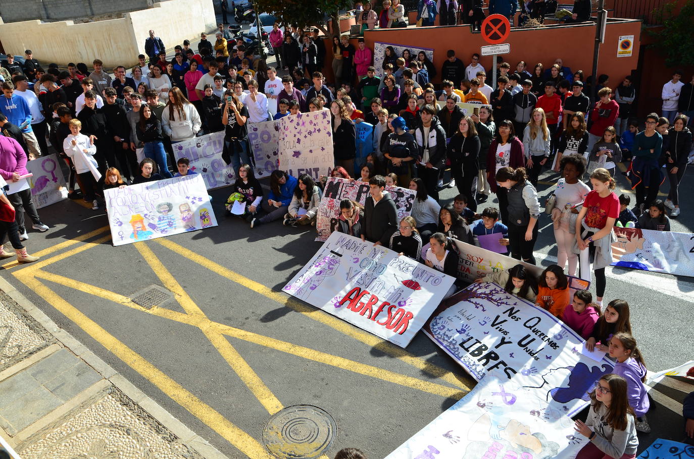 El alumnado del IES Los Neveros, hoy frente al Ayuntamiento de Huétor Vega.