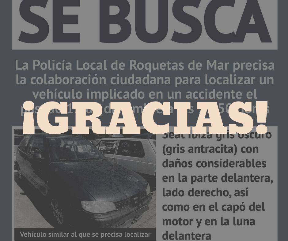Cartel publicado en redes municipales de Roquetas de Mar tras localizar el vehículo del detenido. 