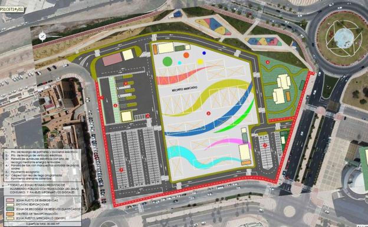 Imagen del proyecto de aparcamiento y recinto ferial que se quiere construir frente al centro comercial. 