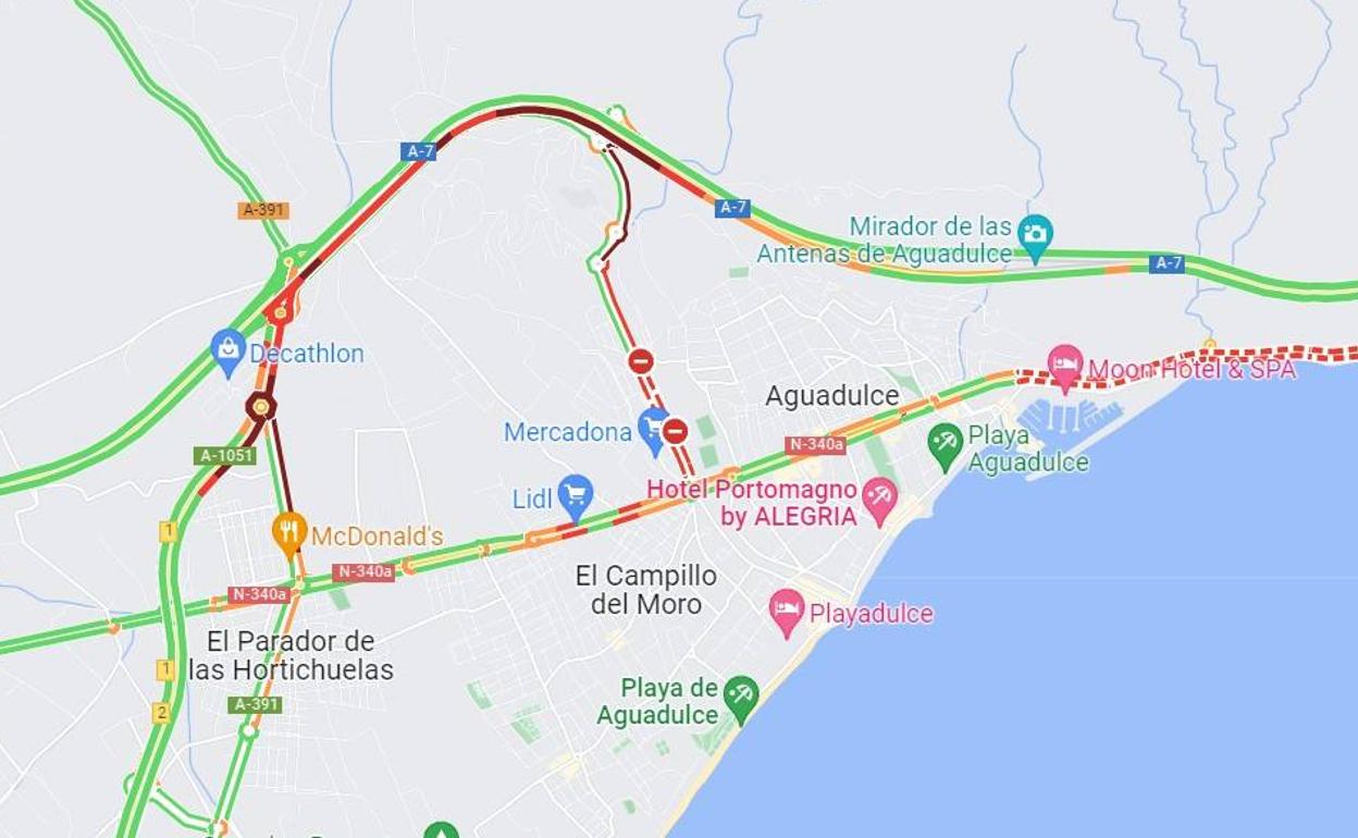 Mapa de retenciones y tráfico lento a las 10 de la mañana de este martes. 