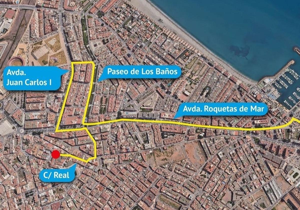 Imagen del plano de algunas de las calles por las que pasará la cabalgata por Roquetas de Mar.