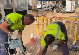 Trabajadores arreglan el acerado de la Avenida Mediterráneo.