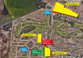 Zona de aparcamientos y parada lanzadera entre las leyendas.